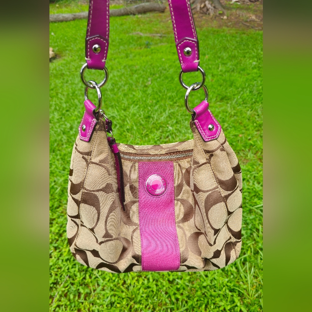 Coach Tan and Pink Signature Shoulder Bag